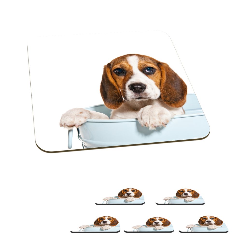 KitchenYeah Glasuntersetzer Quadratisch 6er Set Welpe - Beagle - Eimer 10x10 cm Untersetzer für Gläser - Getränkeuntersetzer - Tischplattensc...