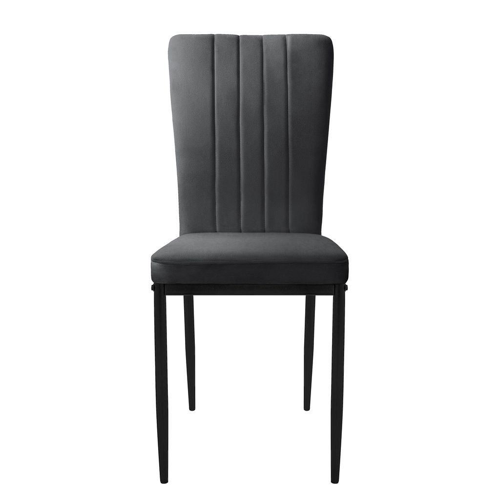 A single gray dining chair with a black metal frame is shown against a white background.
