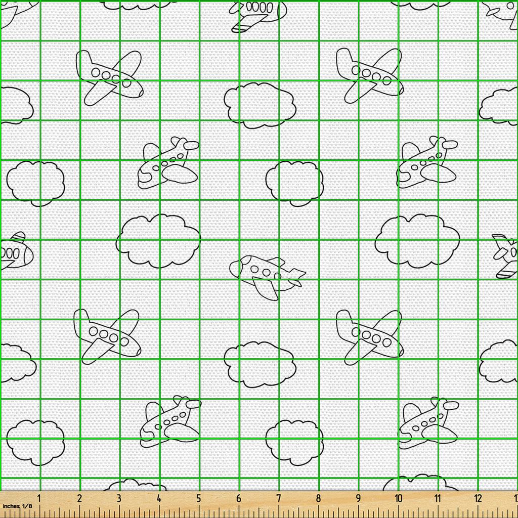 ABAKUHAUS Flugzeug Gewebe als Meterware, Kindisches Jungen-Muster mit kleinen Flugzeugen und geschwollenen Wolken in der Gekritzel-Art, 3 M (148 x ...