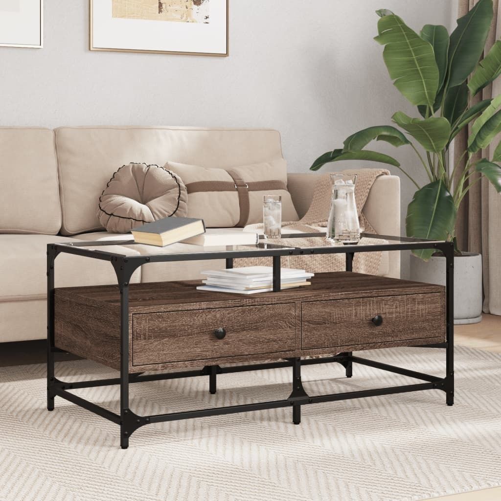 "Rabatt" Couchtisch modern - Wohnzimmertisch - Einfache Montage - mit Glasplatte Braun Eichen-Optik 98,5x50x45cm Stahl - Kaffeetisch CC23252