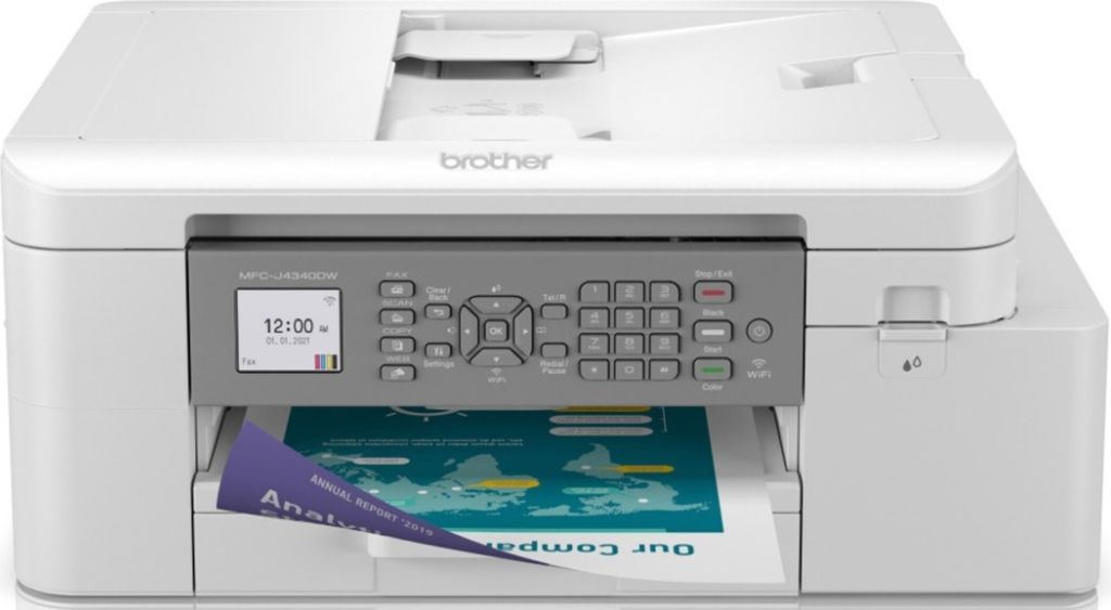 A white Brother MFC-J4340DW 4-in-1 inkjet multifunction printer is shown from the front.