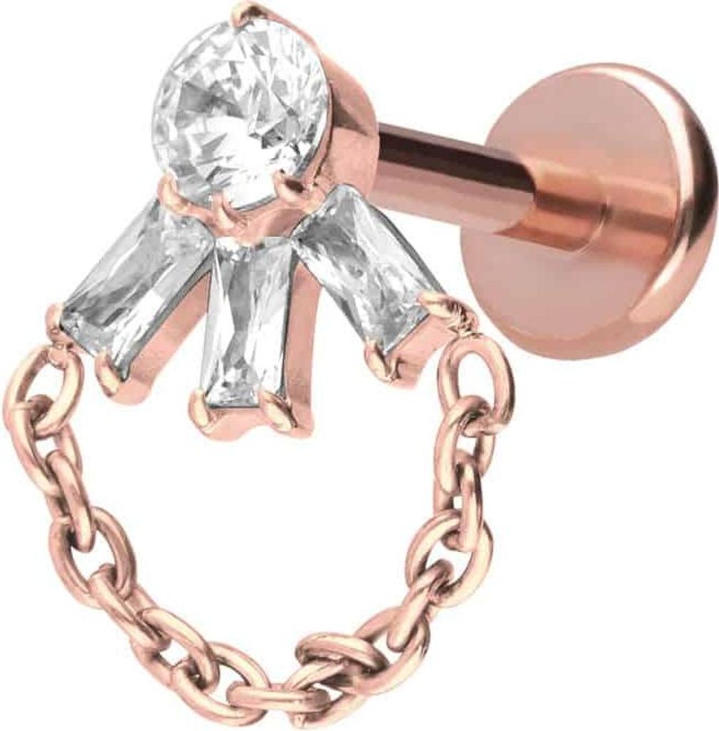 Ohrpiercing, Nasenpiercing Titan Labret mit Push Fit LOTUSBLÜTE + KETTE RoséGold Stablänge: 9mm | Stabstärke: 1mm