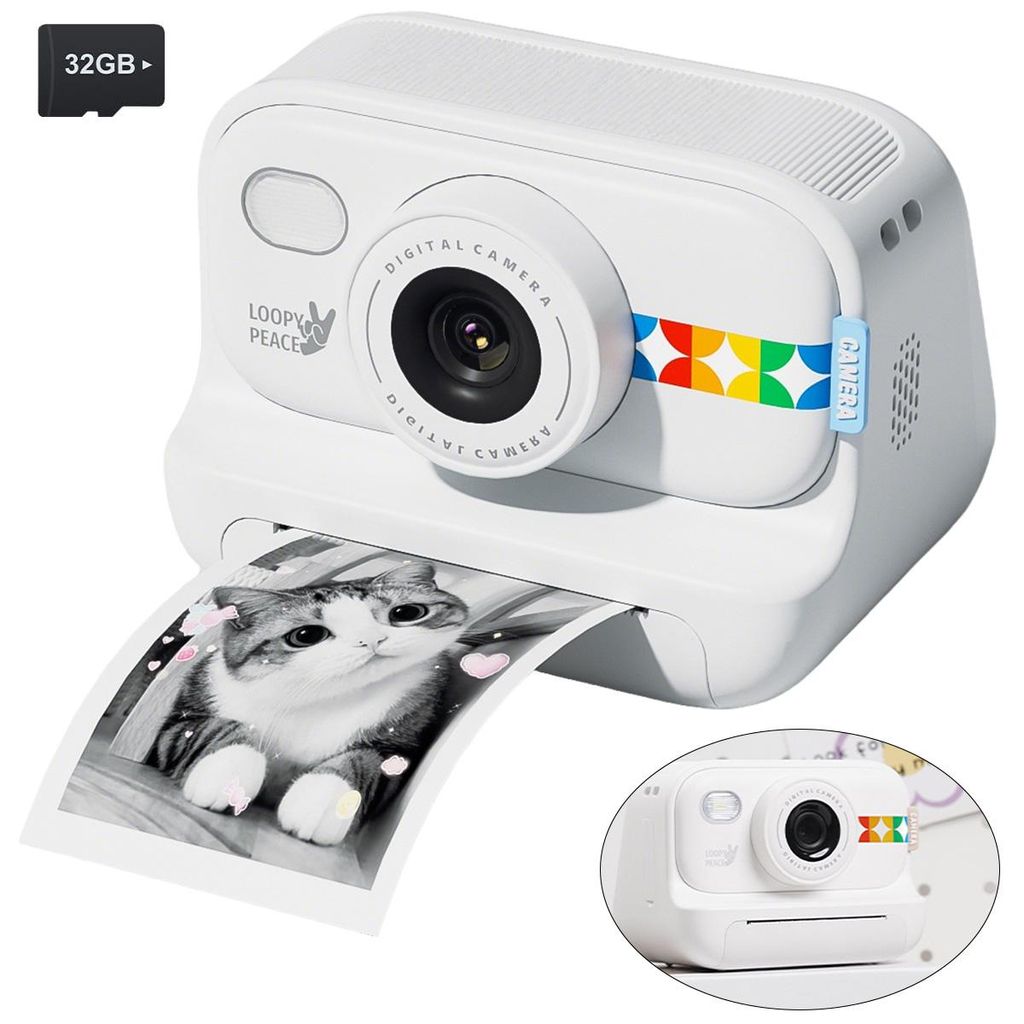 Kinder Sofortbildkamera mit Druckfunktion,Digitale Kinderkamera mit 1080P Video, HD-Foto, 3 Rollen Fotopapier & 32GB Speicherkarte, Weiß