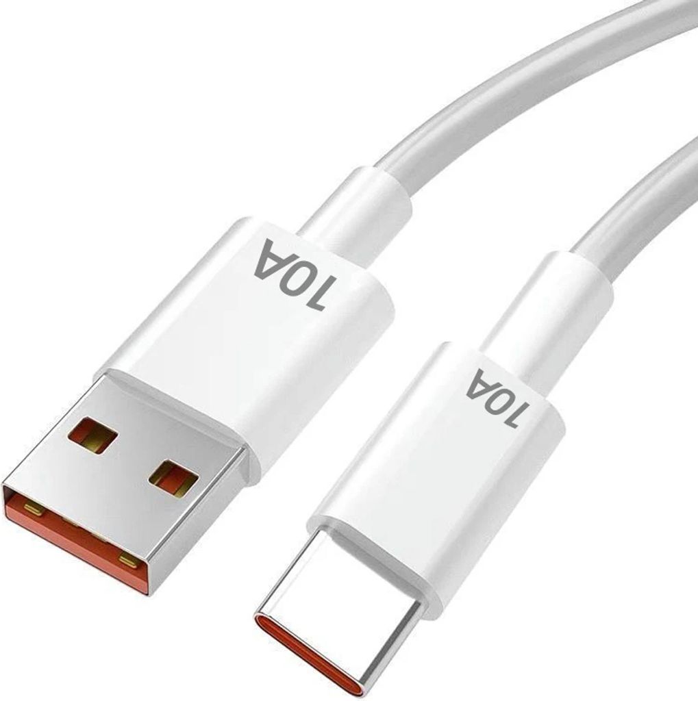 A close-up shot of a white USB-A to USB-C charging cable on a white background.