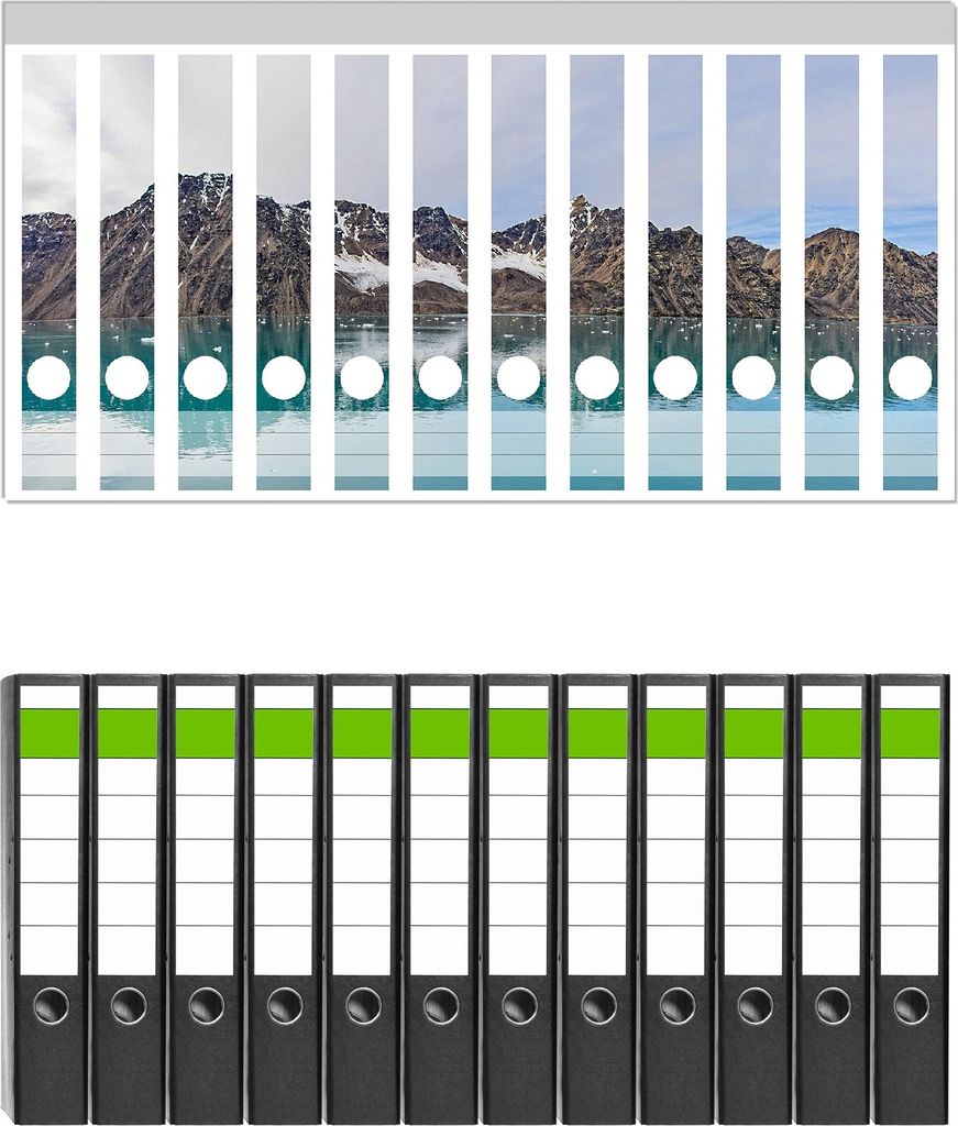 Wallario 12 Stück schmale Ordner inkl. Klebeetiketten mit Motive Berge im arktischen Meer - Set mit Rückenschildern / Ordnerrücken Stickern