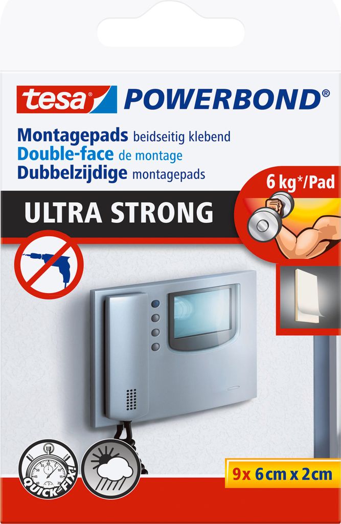 tesa doppelseitige Montagepads, Powerbond ULTRA STRONG Klebepads, 9 Stück