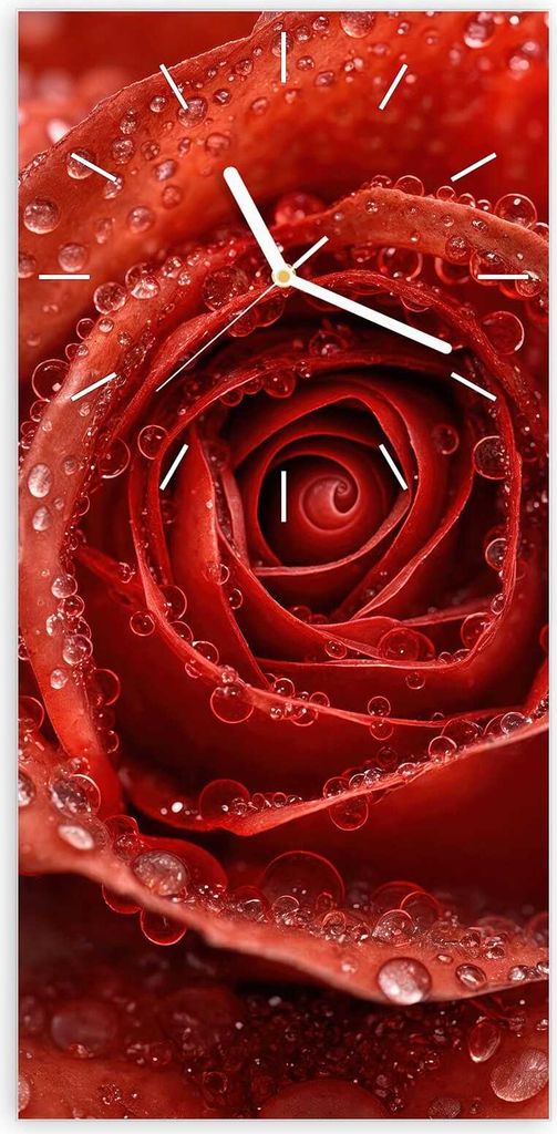 Wanduhr aus Glas mit Motiv Wassertropfen Rose- 30 x 60 cm - inkl. Aufhängesystem