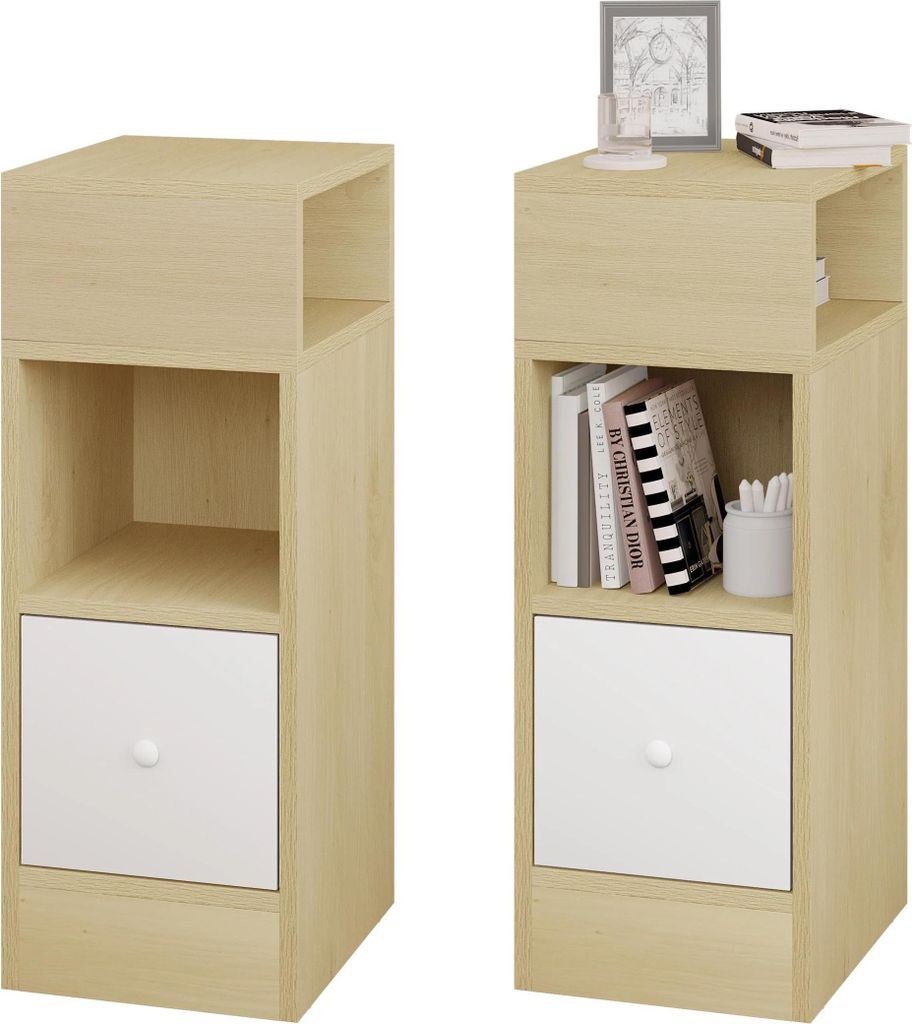 Nachttisch - Beistelltisch - Set 2-teilig - Schmal 25 x 66 x 30 cm - Offene Fächer + Schublade - Melaminbeschichtet 15 mm - Modern - Eiche hell