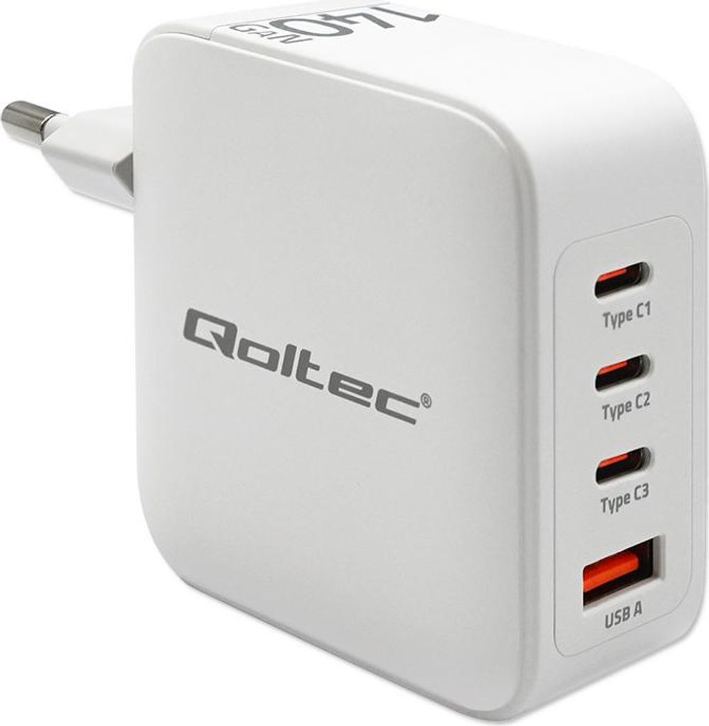 Qoltec 140W GaN-Wandladegerät | 5-20 V | 2,5-5 A | 3 x USB-C PD | 1 x USB QC 3.0 | Laptop | Smartphone | Weiß