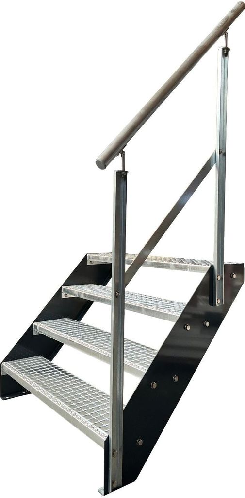 Gitterrost Stahl Wangentreppe 4 Stufen Verzinkt & Anthrazit Pulverlackierte Wangen + Geländer Rechts - (L x B x H) 82cm x 140cm x 76cm