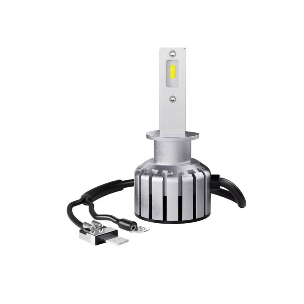 A close-up studio shot of a single LED headlight bulb against a white background.