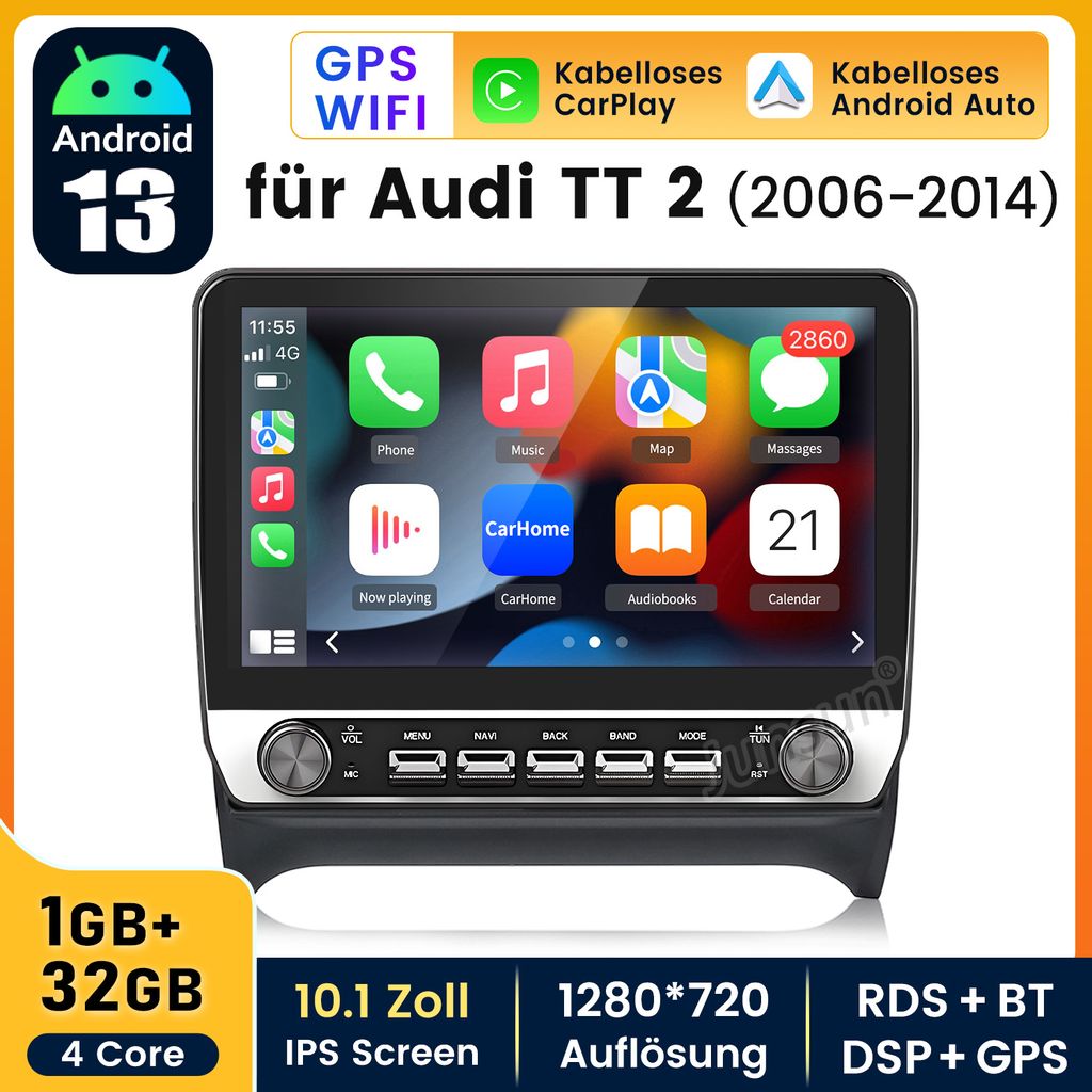 Autoradio Android 15 Per Audi TT MK2 8J, 9'' Touch IPS, 4+128GB, Wireless CarPlay, GPS, WiFi, Telecamera Posteriore