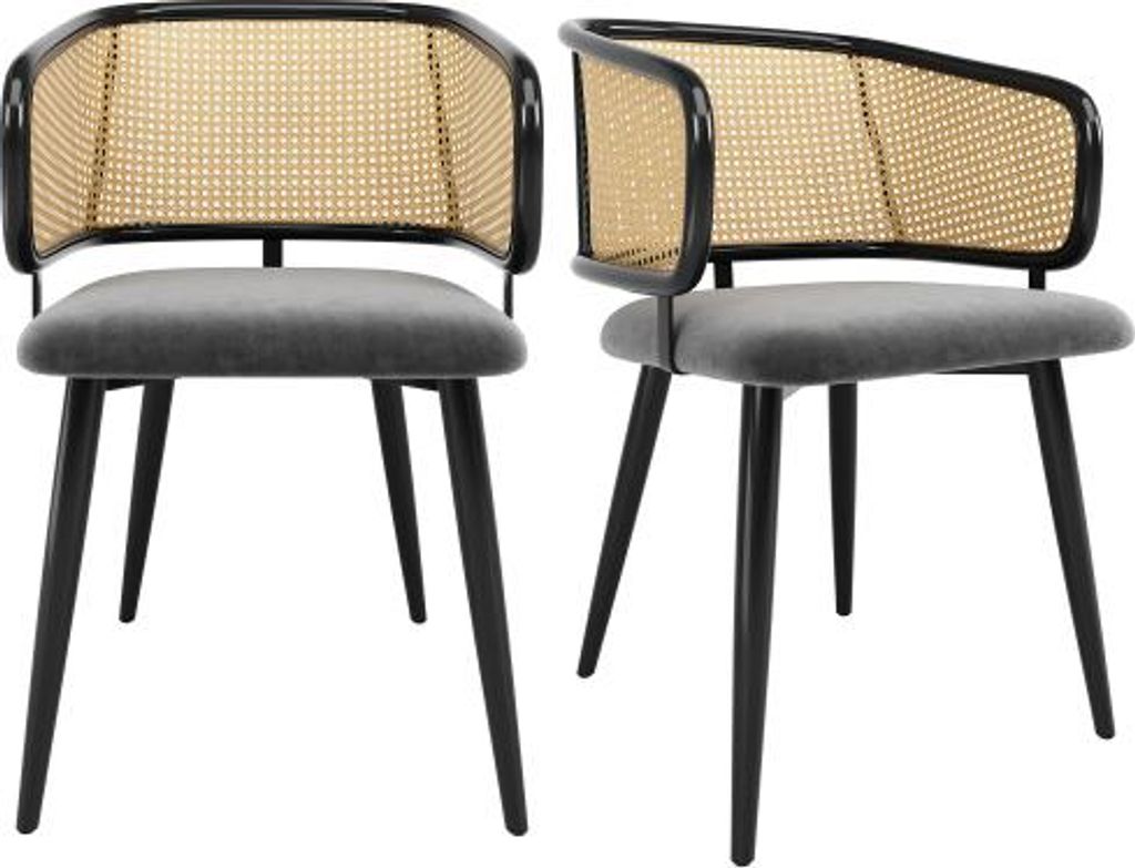 Esszimmerstuehle Grau 47x51x79 cm 2er Set Rattan-Rueckenlehne Samt Sitzkissen Bequem Atmungsaktiv Moderner Einfache Stil Fuer Restaurants Wohnzimmer