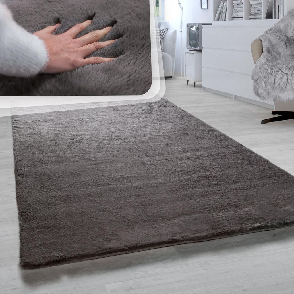 Hochflor Teppich Unifarben schmutzabweisend Dunkelgrau Rechteckig 160x230 | 100% Polyester, Rücken aus Baumwolle | Florhöhe: 22 mm | pflegeleicht