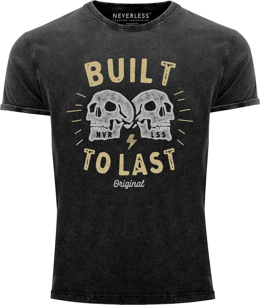 Neverless Herren T-Shirt Vintage Shirt Printshirt Totenkopf Print Built to last Schriftzug Rocker Biker Racing Design Aufdruck Used Look Slim Fit...