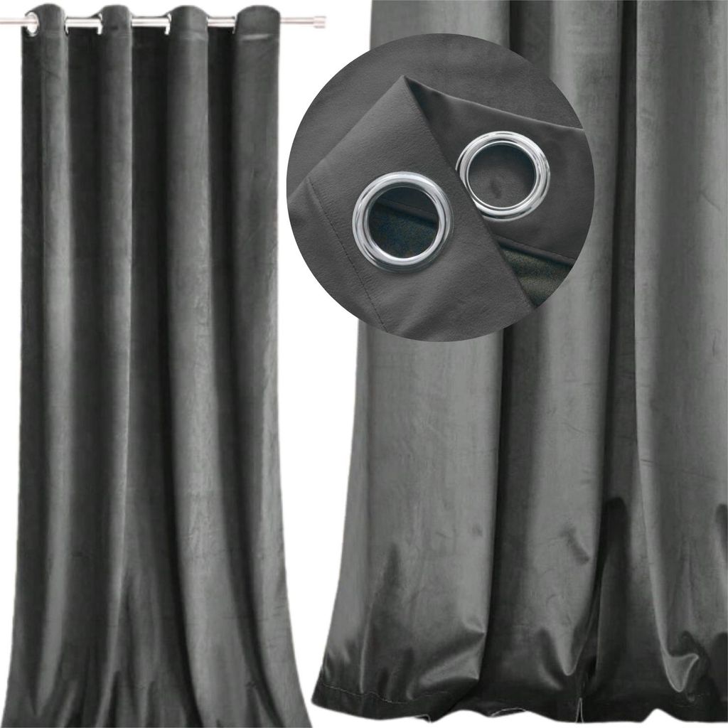Tenda in velluto grigio spesso con occhielli e anelli, Immagine del prodotto 