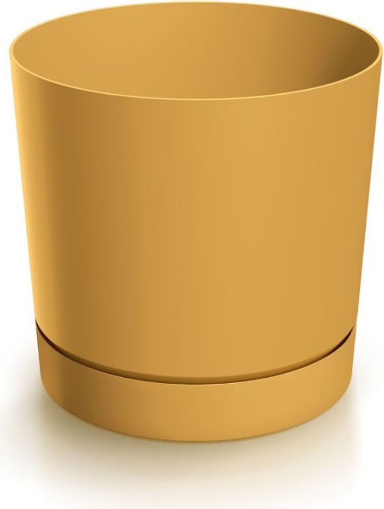 A yellow planter pot with a saucer, isolated on a white background.