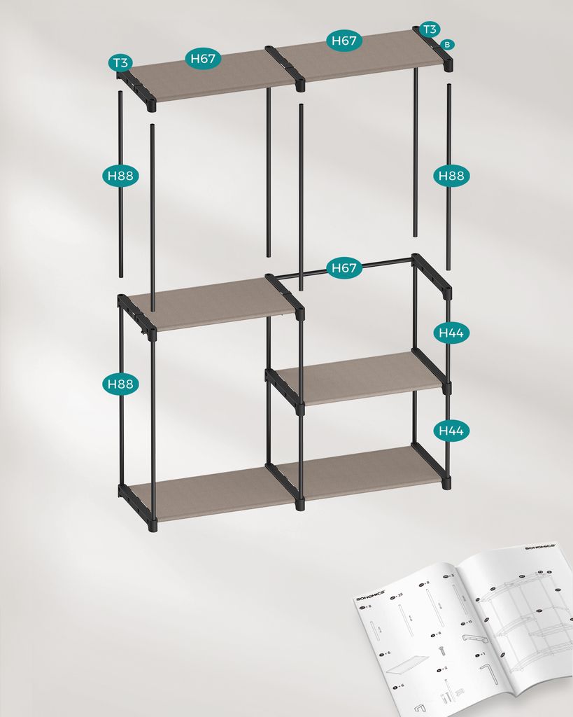 An exploded view diagram of a SONGMICS wardrobe/clothing rack with labels indicating assembly parts.