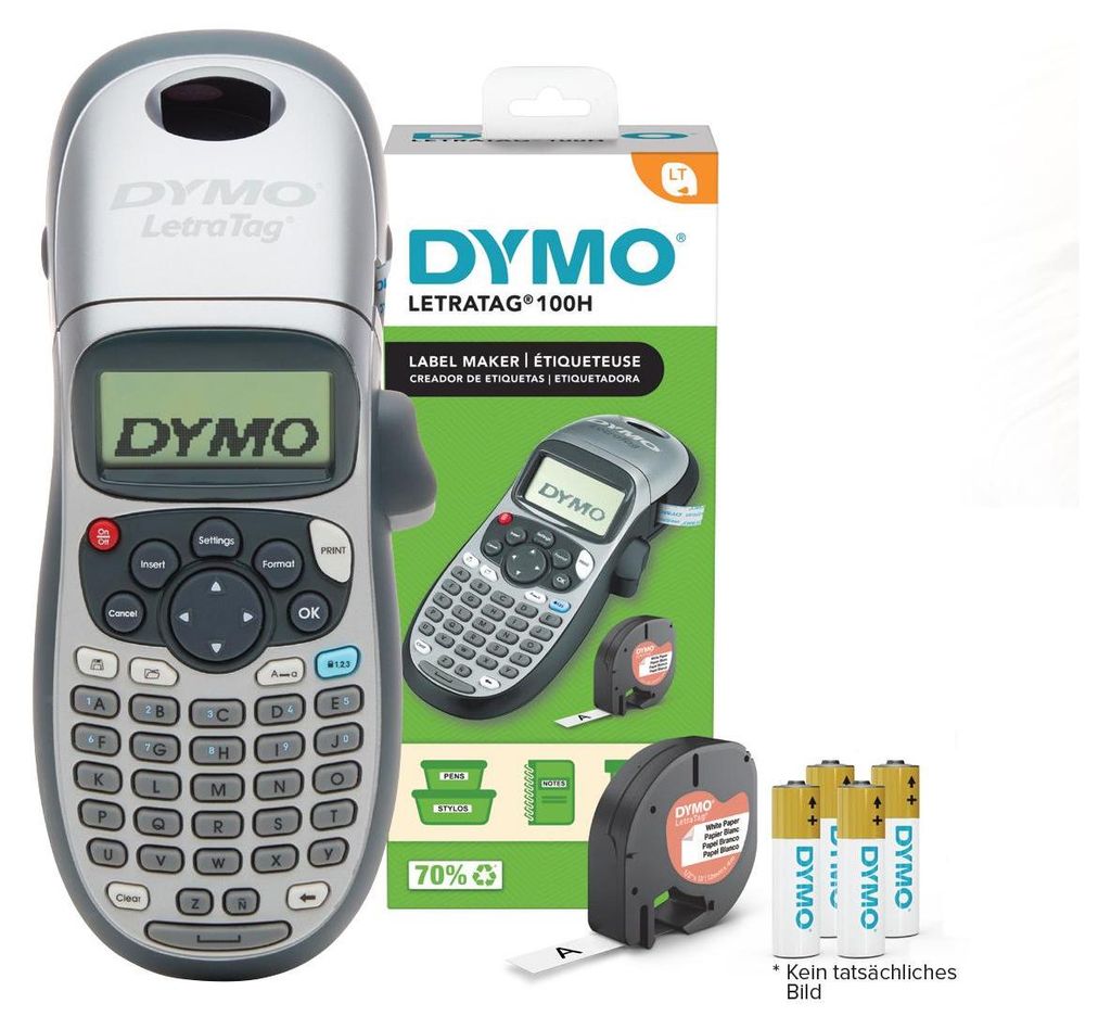 A DYMO LetraTag 100H label maker and its packaging are displayed.