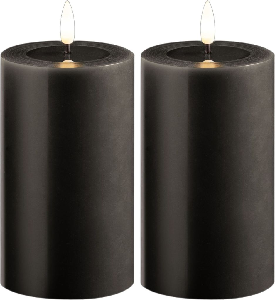 2er Set LED Stumpenkerzen mittel grau Echtwachskerze mit beweglicher Flamme flackernd - Timerfunktion für 6 Stunden warmweißes Licht 7,5cm ø 12,...
