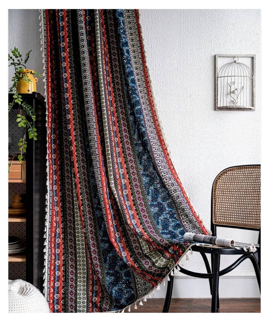 Bohemian Gardinen Vintage Boho Vorhang im Landhausstil aus Leinenoptik und Baumwolle in Rot, halbtransparent mit Quaste, Rod Pocket für Wohnzimmer...