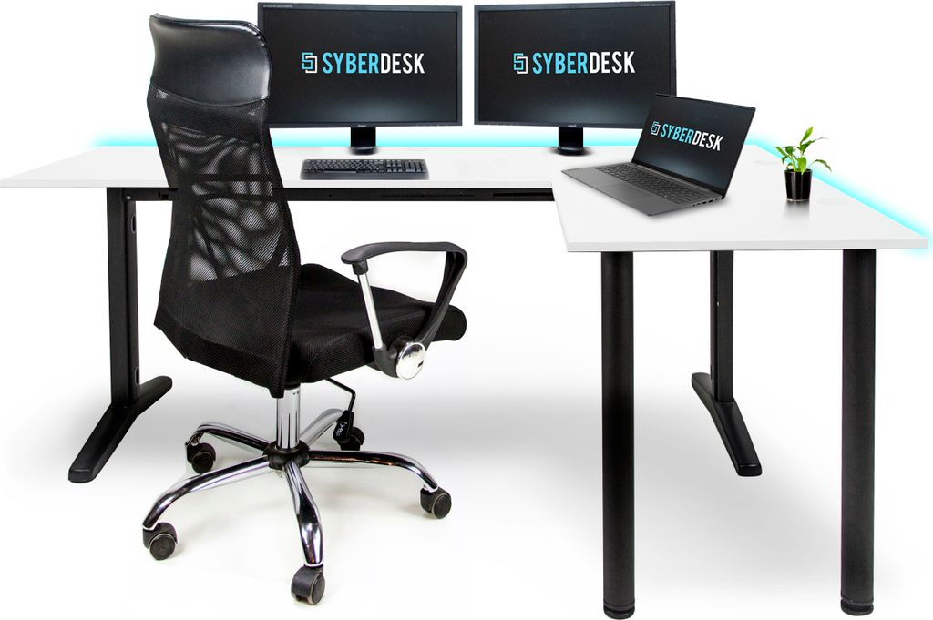 SyberDesk Gaming Eckschreibtisch V2 LED, 197 x 132 cm, RGB Gaming Tisch L-Form, USB-HUB, Kabelmanagement, L-förmiger Computertisch, (Rechts, Weiß)