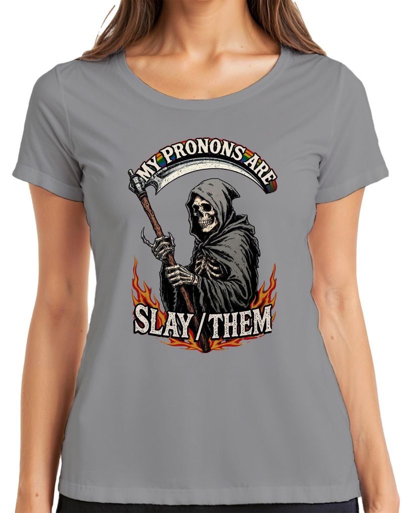 My Pronouns Are Slay Them Grim Reaper Skelett Regenbogen Pride Damen T-Shirt, Grau, M