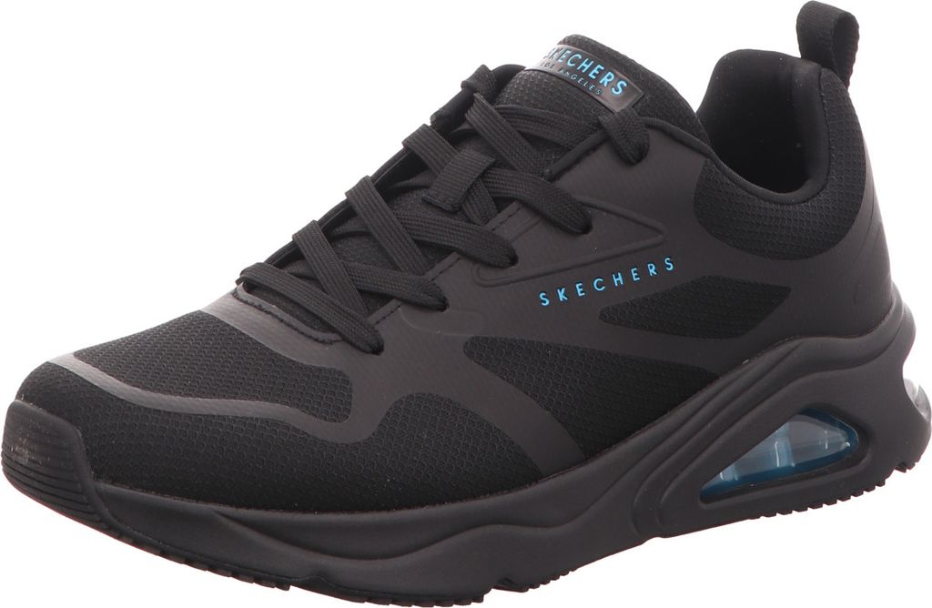A black SKECHERS sports shoe with blue accents is shown against a white background.