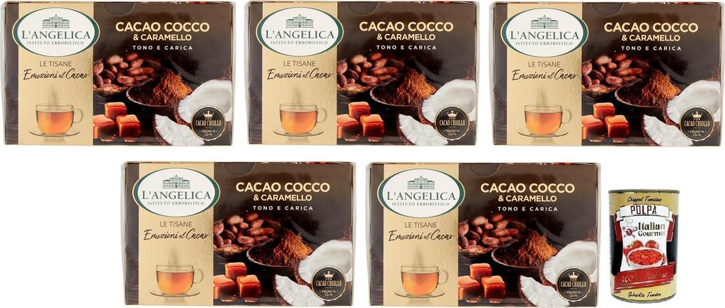 5x L' Angelica Tisana al Cacao,Cocco e Caramello,Kräutertee aus Kakao, Kokosnuss und Karamell,Packung mit 15 Filtern + Italian Gourmet Polpa di Po...
