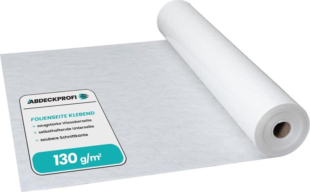 Abdeckvlies Folienseite klebend – 130 g/m² Palettenabnahme -1m x 25m Palettenabnahme 50 Rollen (1250m²) , Renovierungsvlies, Malervlies, Abdeck...