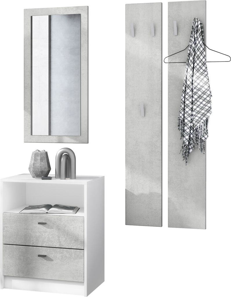 Vladon Garderobe Pino V1, Germany, Garderobenset bestehend aus 1 Kommode, 1 Wandspiegel und 2 Garderobenpaneele, Weiß matt/Beton Oxid Optik (ca. ...
