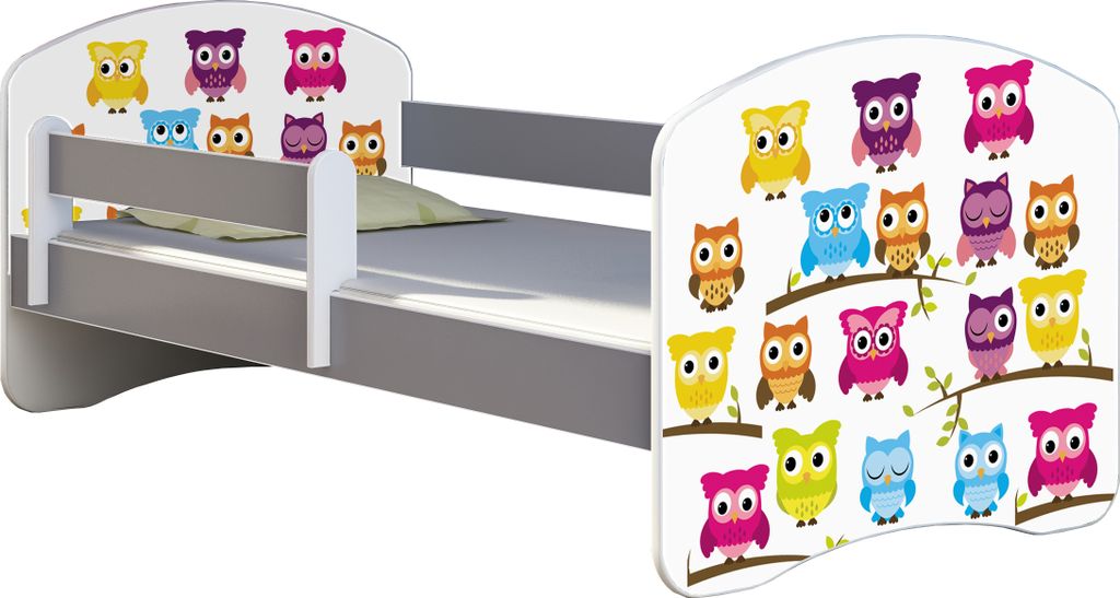 ACMA Jugendbett Kinderbett Junior-Bett Komplett-Set mit Matratze Lattenrost und Rausfallschutz Grau 31 Eule 180x80