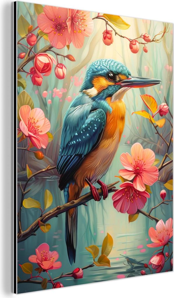 MuchoWow Wanddekoration Metall Metallbild Wandkunst 60x80 cm Eisvogel - Blüte - Natur - Vögel - Blumen MuchoWow Aluminium Gemälde - Wanddekorati...