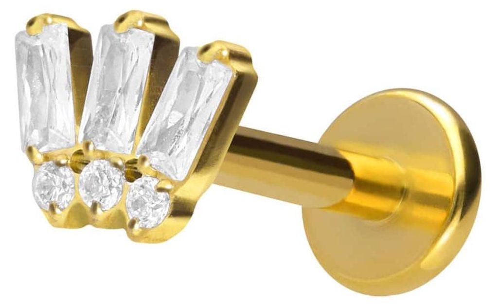 Ohrpiercing, Nasenpiercing Titan Labret mit Innengewinde 6 EINGEFASSTE KRISTALLE Gold Stablänge: 10mm | Stabstärke: 1,2mm