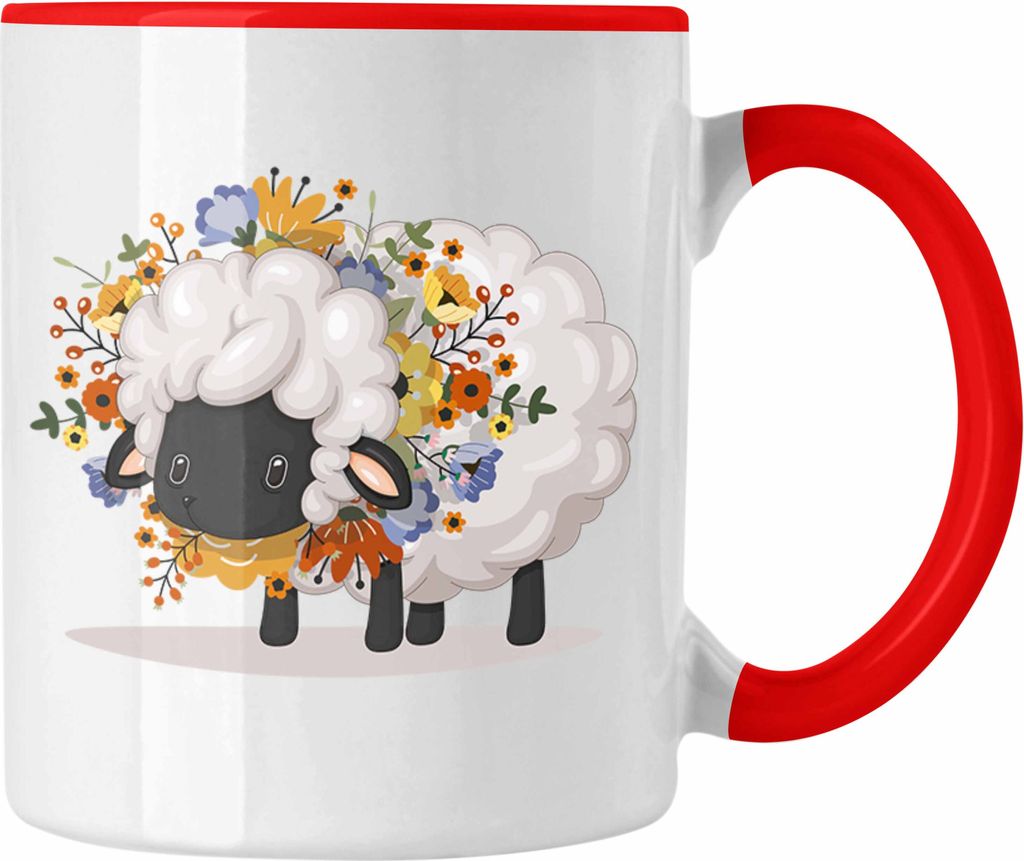 Trendation - Schaf mit Blumen Tasse Geschenk Grafik Süße Schaf Tasse Geschenkidee Schafliebhaber (Rot)