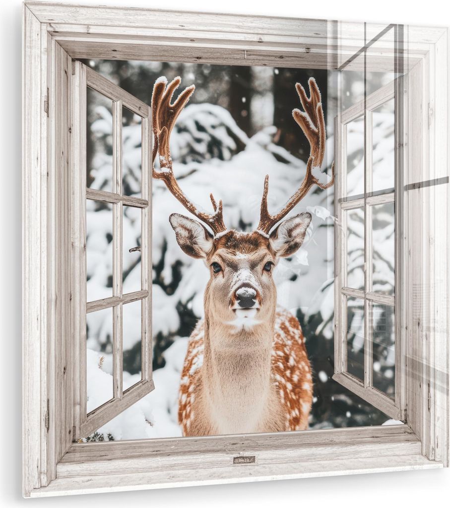 MuchoWow Glasbilder - Bilder auf Wandbild - Foto auf Glas Durchgucken - Hirsch - Schnee - Winter - Wald - Tiere - Natur 20x20 cm Wanddekoration aus...