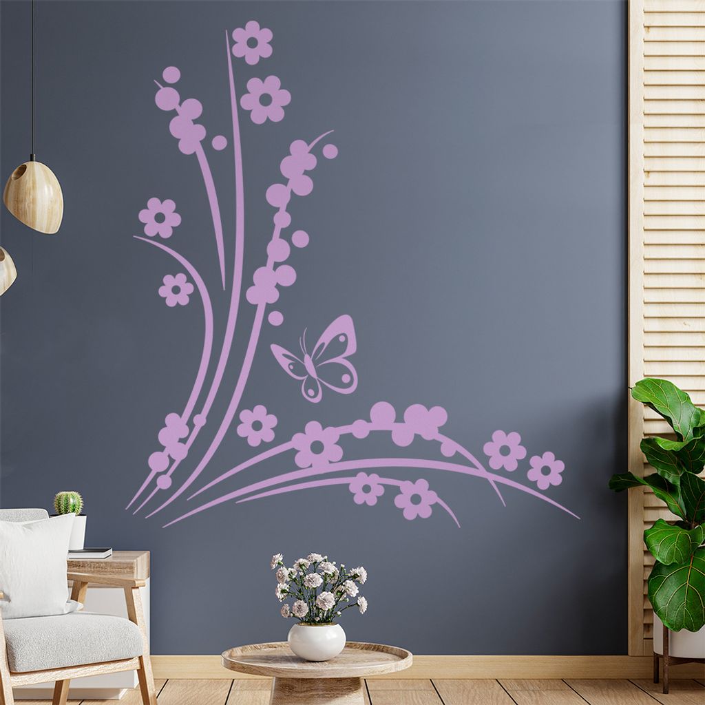 Blüten - Beeren - Schmetterling Wandtattoo in 6 Größen - Wandaufkleber Wall Sticker - Dekoration, Küche, Wohnzimmer, Schlafzimmer, Badezimmer