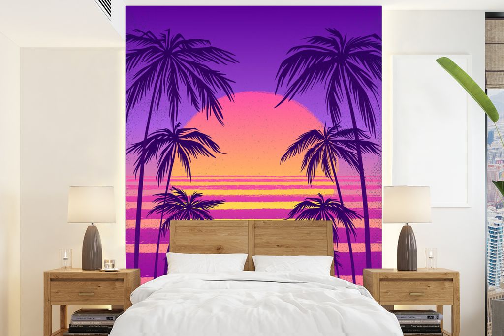 MuchoWow Fototapete für Wohnzimmer oder Schlafzimmer Wandtapete Vinyl Motivtapete Sonne - Palmen - Lila - Sommer - 190x260 cm - Papiertapete