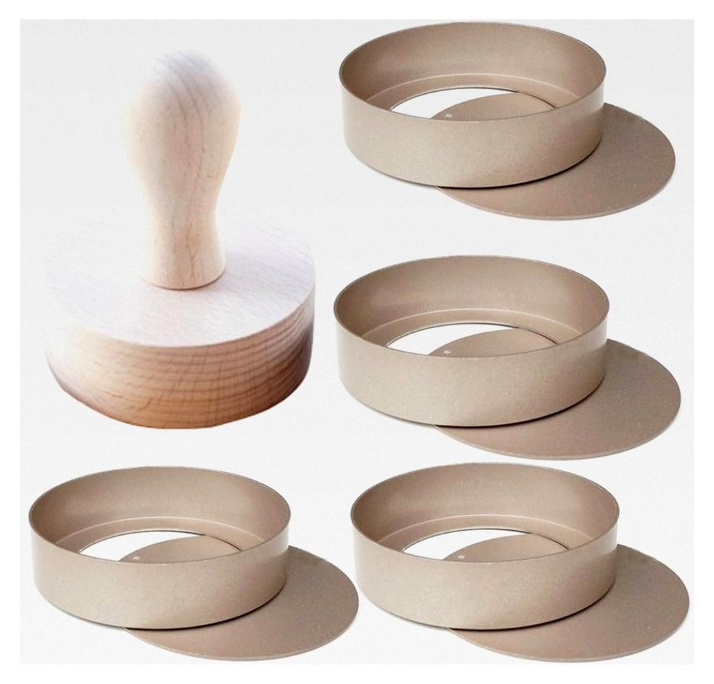 Set aus 4 runden Törtchenformen in Roségold mit Holzstampfer, Backformen für Torten, Tartes und Quiches