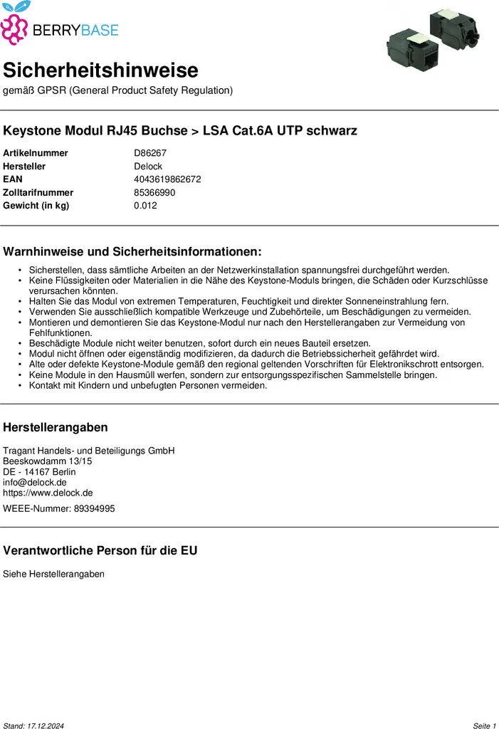 DELOCK Keystone RJ45 Cat6a Buchse 8P/8C schwarz ungeschirmt - 7