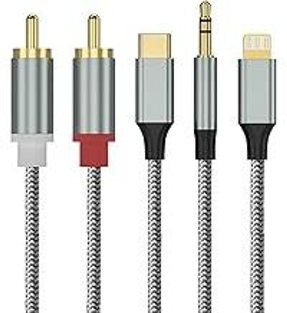 Lightning/USB Typ C/3.5mm auf 2 Cinch Aux Kabel 1.3M, 3 in 1 2 RCA Cinch Kabel Stereo für Lightning/USB Typ C/3.5mm Schnittstelle Kompatibel mit i...