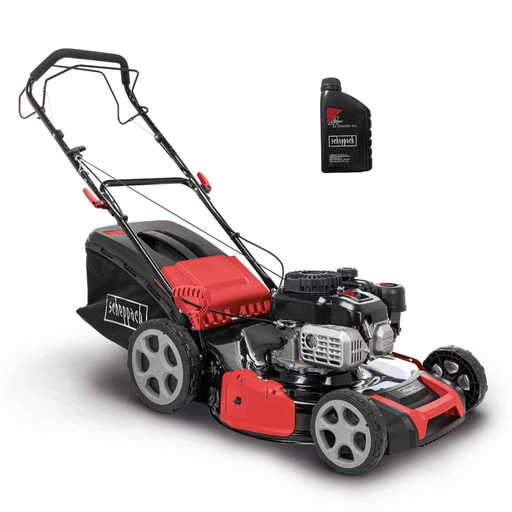 A Scheppach petrol lawnmower and a bottle of motor oil are displayed against a white background.