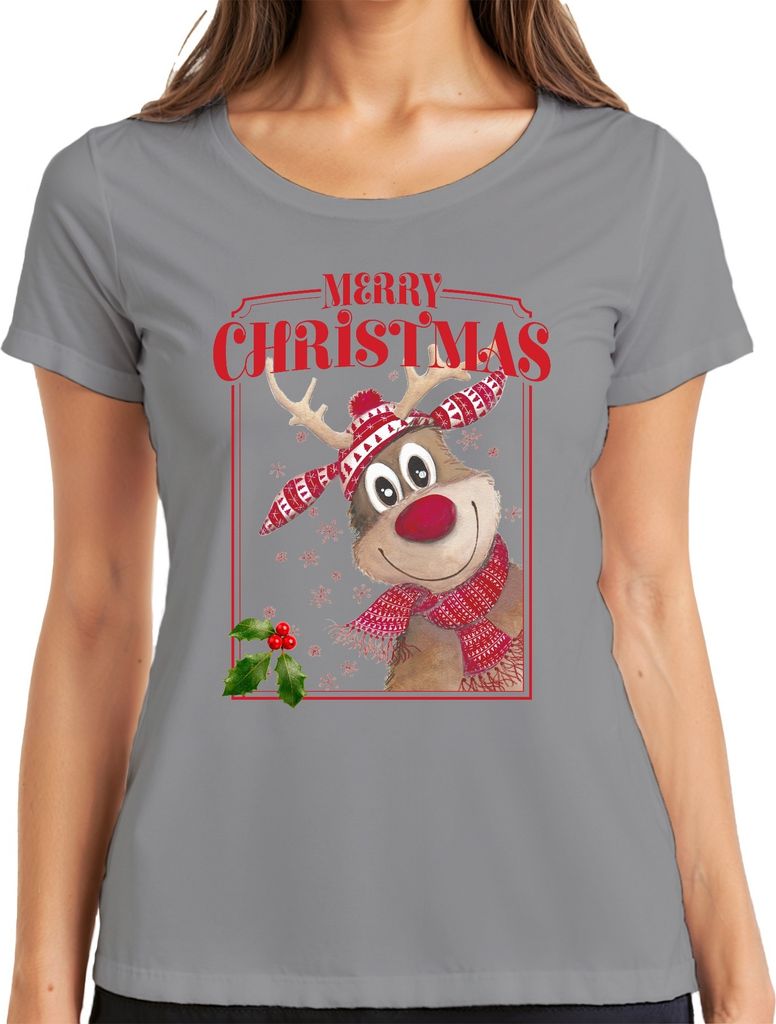Merry Christmas Rentier Rudolf - Weihnachten Weihnachtsgeschenk Christmas Damen T-Shirt, Grau, S