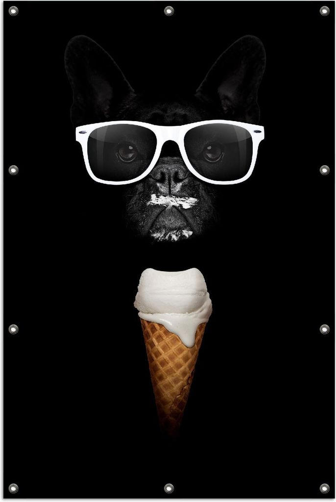 Wallario Outdoor-Poster für Garten oder Balkon, Motiv Hund mit Eis, in ca. 100 x 150 cm