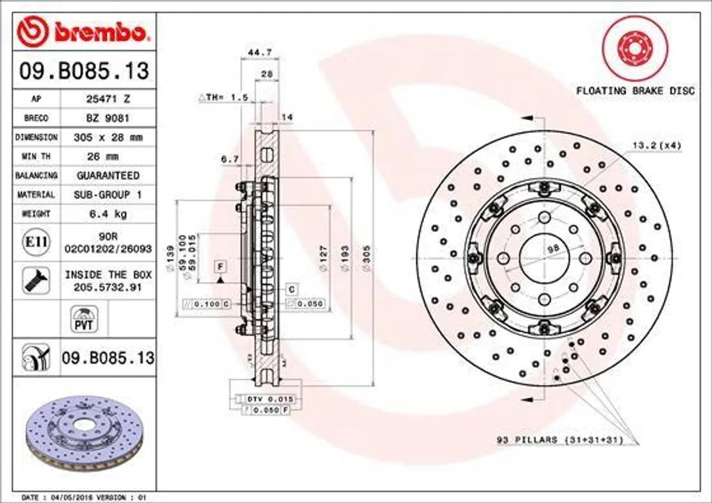 Disque de frein Brembo 09.B085.13 : fini les vibrations sur Fiat 500