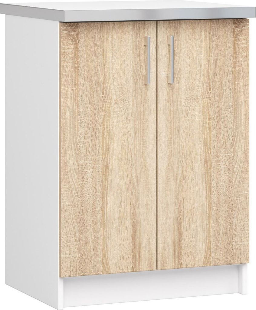 A white and wood-grain kitchen base cabinet with two doors and silver handles, shown from a slightly angled front view against a white background.