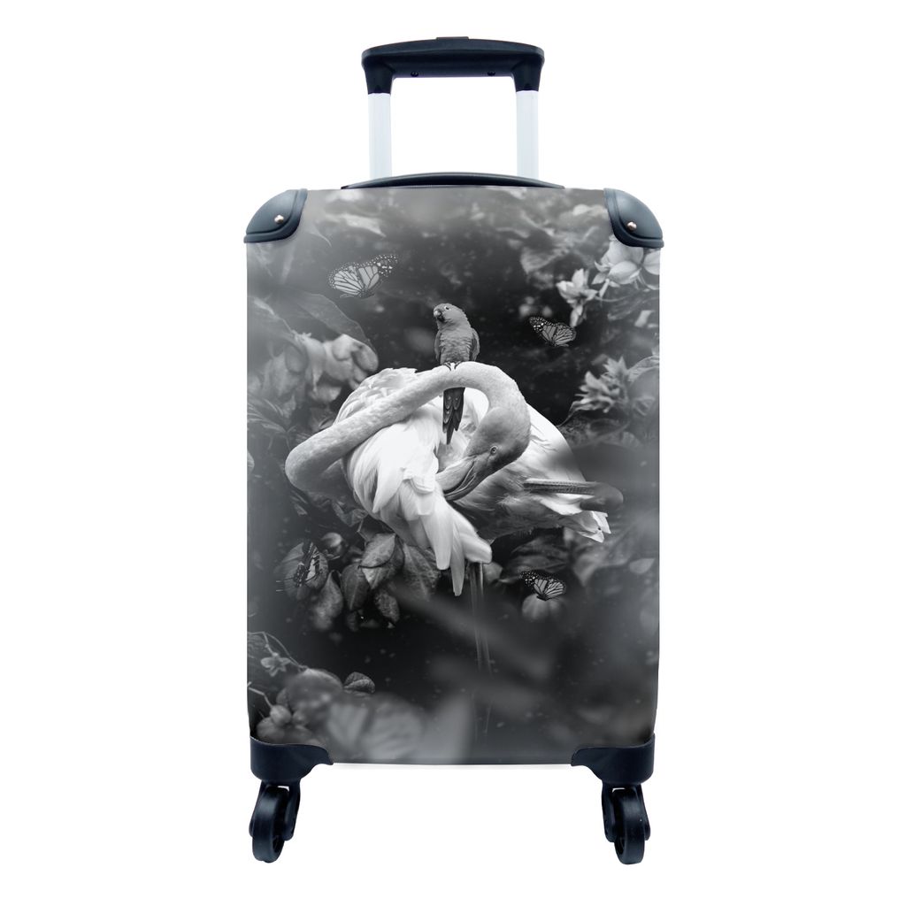 MuchoWow Koffer Handgepäck Trolley Rollkoffer Kleine Reisekoffer mit 4 Rollen - Flamingo und ein Vogel im Dschungel - schwarz und weiß - Cabin ...