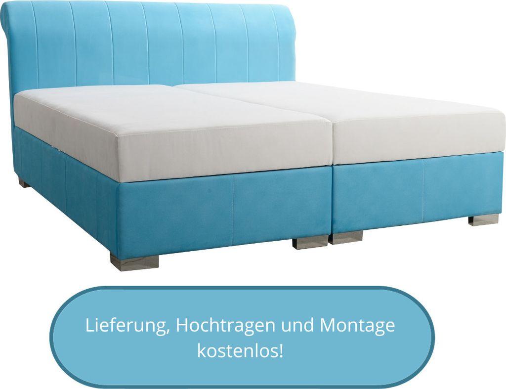 Boxspringbett Dalas 160x200 cm, mit Bonellmatratze Topper und zwei Bettkästen, Blau-Beige