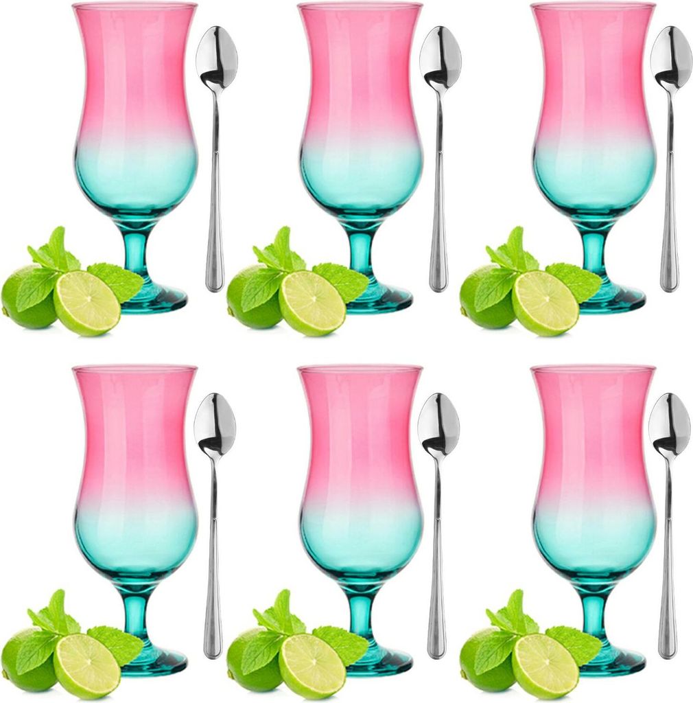 Glasmark KROSNO, 420ml, Set von 6, mit langen Löffeln, Glas für alkoholische Cocktails, Longdrinkgläser, Cocktailgläser, Trinkgläser, Partygl...
