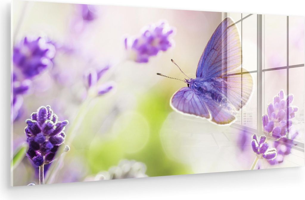 MuchoWow Glasbilder - Bilder auf Wandbild - Foto auf Glas Lavendel - Schmetterling - Blumen 120x60 cm Wanddekoration aus Glas - Acrylglasbild - Acr...